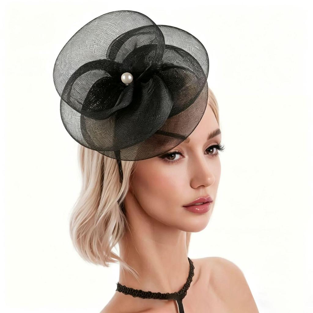 British Elegant Mesh Flower Hat with Pearl Decor for Ascot Races, European Banquets, and Bridal Parties