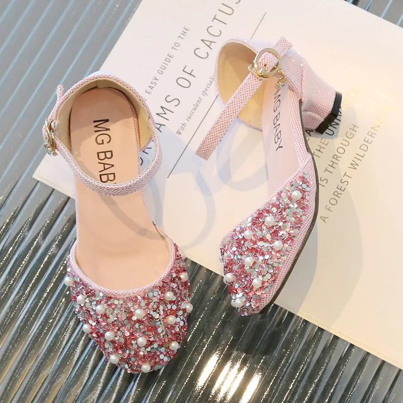 

Children s Sequins Sandals Girls Sweet Beaded Rhinestone Princess Shoes Fashion High Heel Party Kids Soft Bottom Sandals 26 рожевий