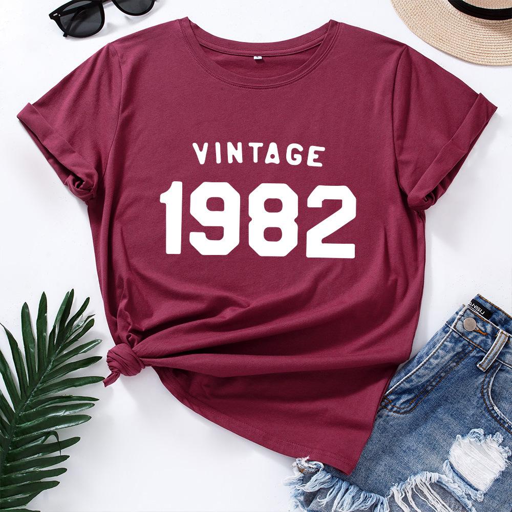 Retro1982 Printed Cotton Loose Round Neck Short Sleeved Women's  T-shirts