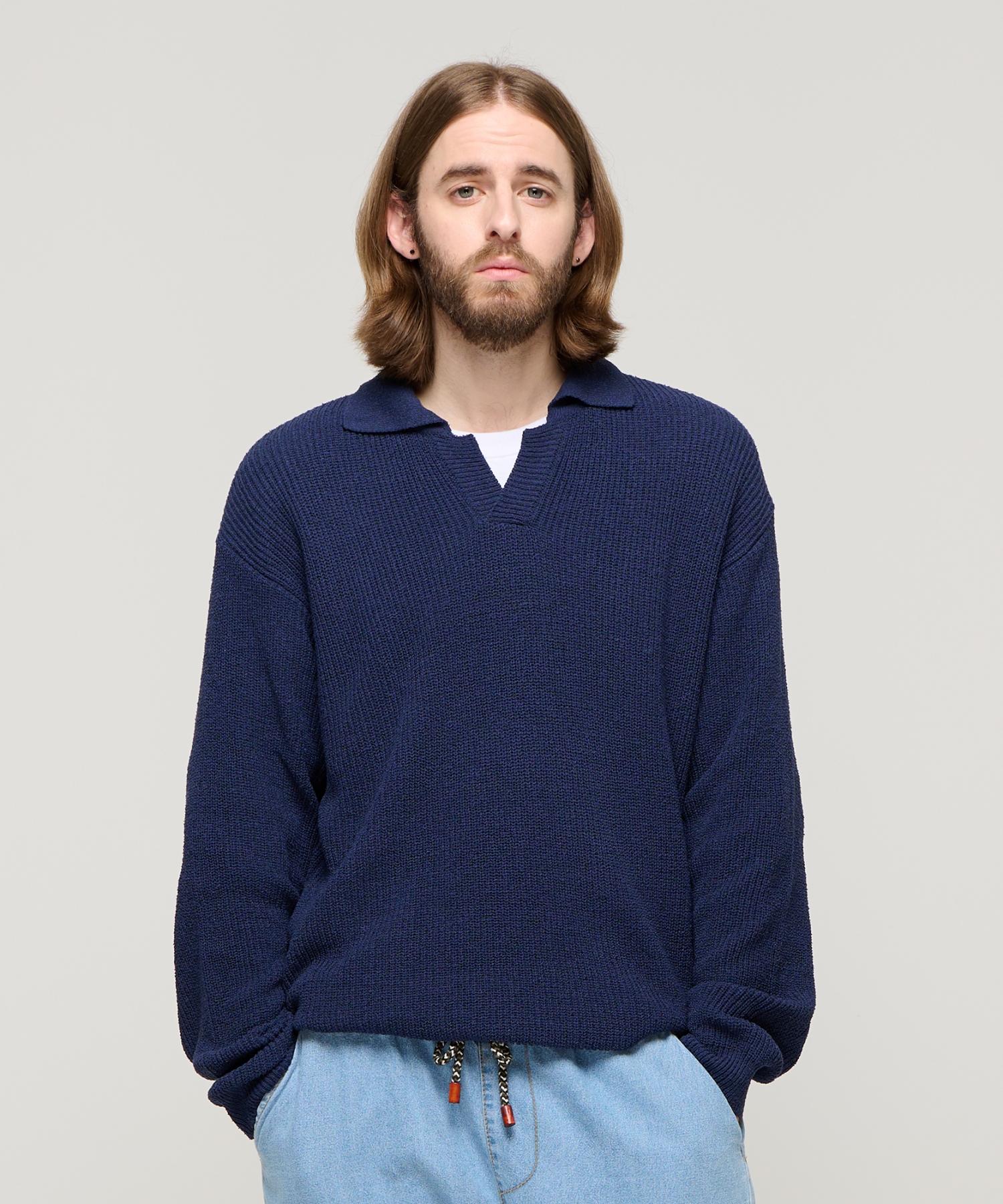 Cargo Bros Boucle Open Collar Knit (Navy) Free