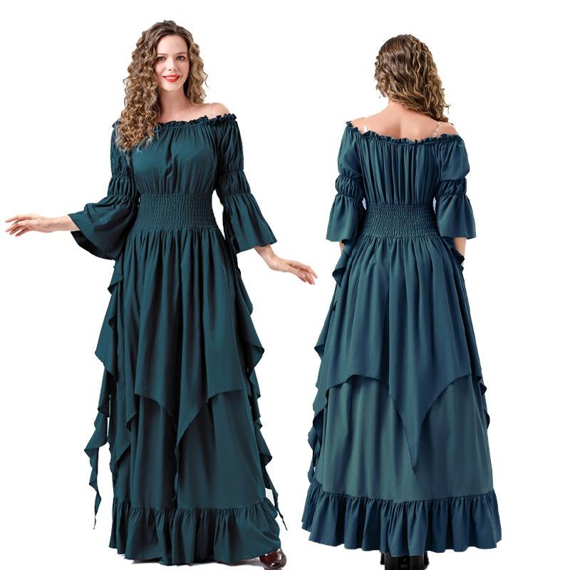 Halloween new medieval retro girdle gorgeous horn sleeve multi-color dress costume