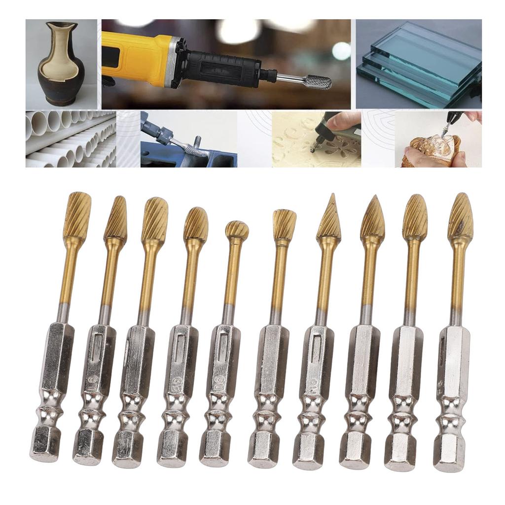 10PCS   Burr Set 1Celsius4 Inch Shank Ti Plated Tungsten Steel Double Cut Burr Bits for Metal Wood Stone Grinding Deburring Carving