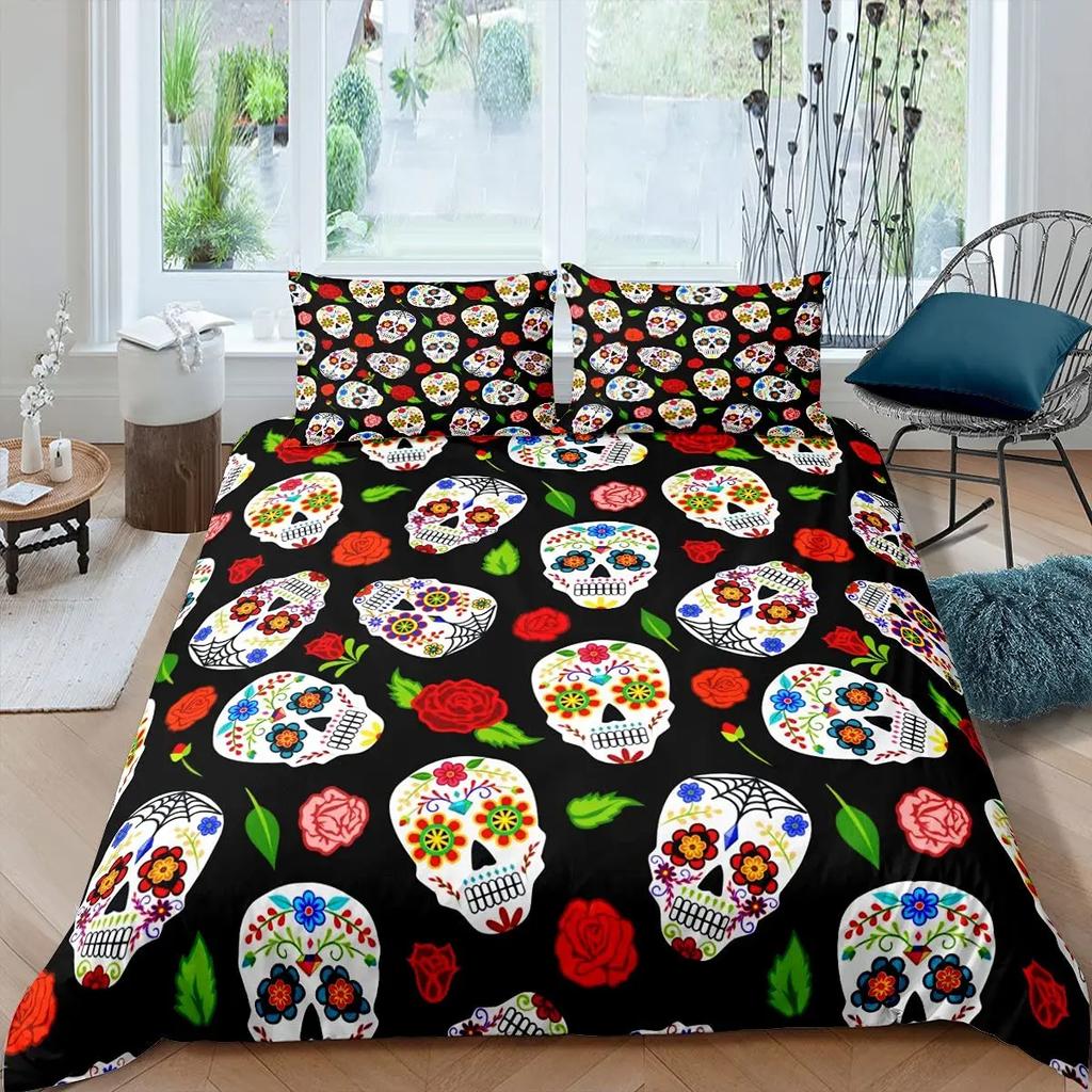 Sugar Skull King Queen Duvet Cover Vintage Skeleton Girl Gothic Day of The Dead Bedding Set Halloween Rose Polyester Quilt Cover