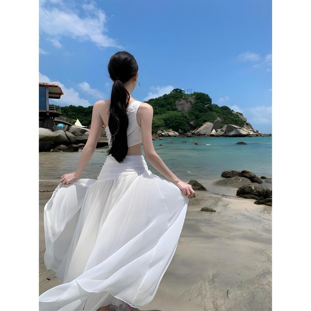 Pure casual design slanted shoulder suspender hollow waist dress seaside vacation atmosphere thin dress