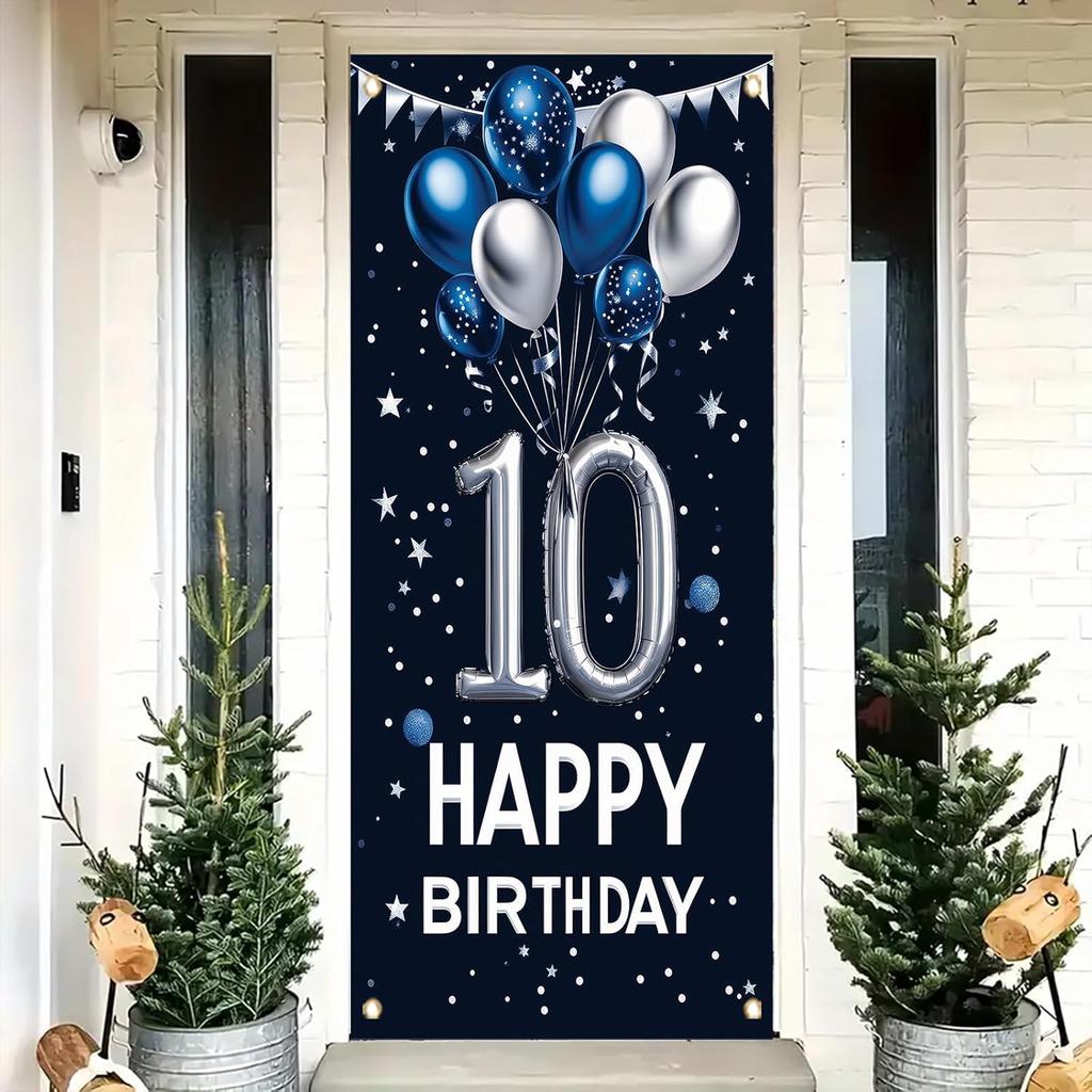 10th Birthday Door Cover Decoration 71 x 35 Inch Blue and Silver Balloon Banner for Tenth Birthday Party Supplies Happy 10 Years Old Photo Booth