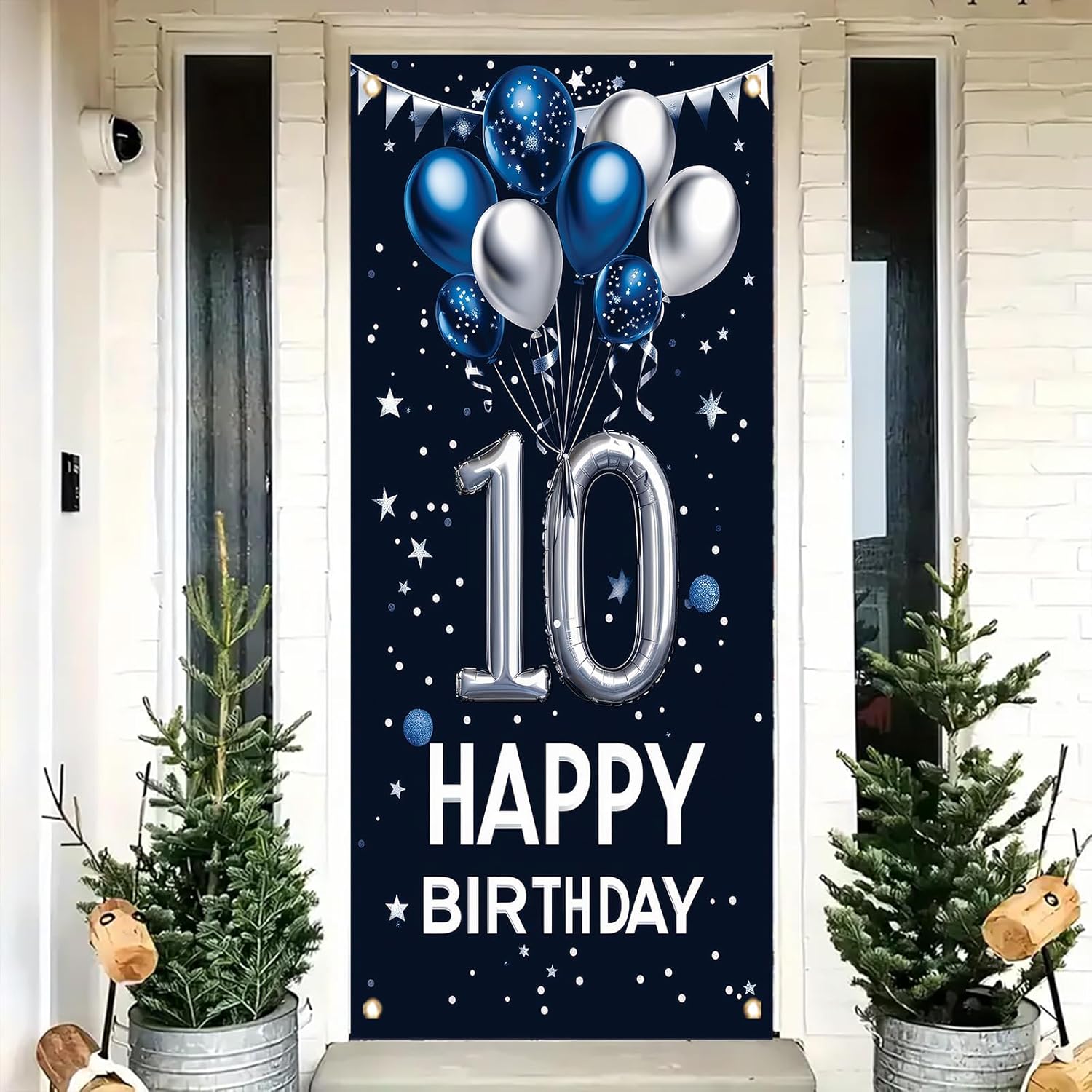 10th Birthday Door Cover Decoration 71 x 35 Inch Blue and Silver Balloon Banner for Tenth Birthday Party Supplies Happy 10 Years Old Photo Booth 10th