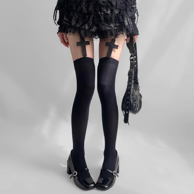 Gothic Cross Thigh High Stockings Woman Y2K Nylon Suspender Stockings With Hold Up New Over Knee Socks Spicy Girls Tights