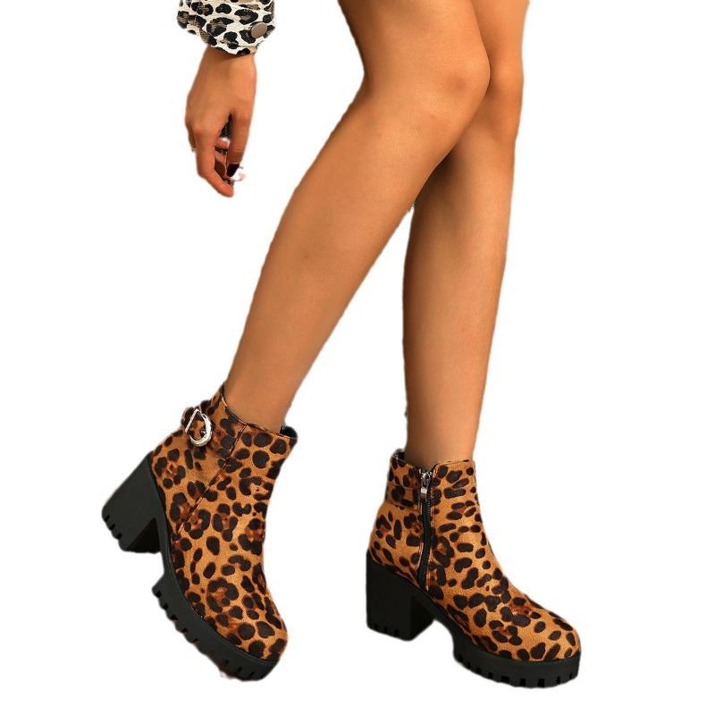 Large size square and Martin boots for women to wear autumn and winter new leopard print belt buckle casual short boots