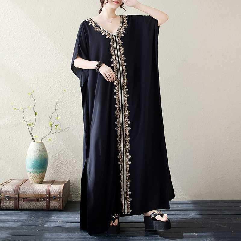 Solid Heavy Embroidery Plus Size Loose V-Neck Pullover Bohemian Vacation Solid Color Long Dresses
