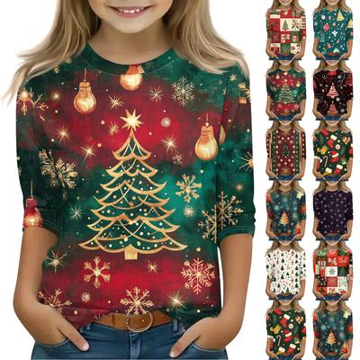 Christmas Day Print Tops For Youth Girls 5-16 Years Round Neck 3/4 Sleeves T-Shirts Trendy Tops Outfit Tees