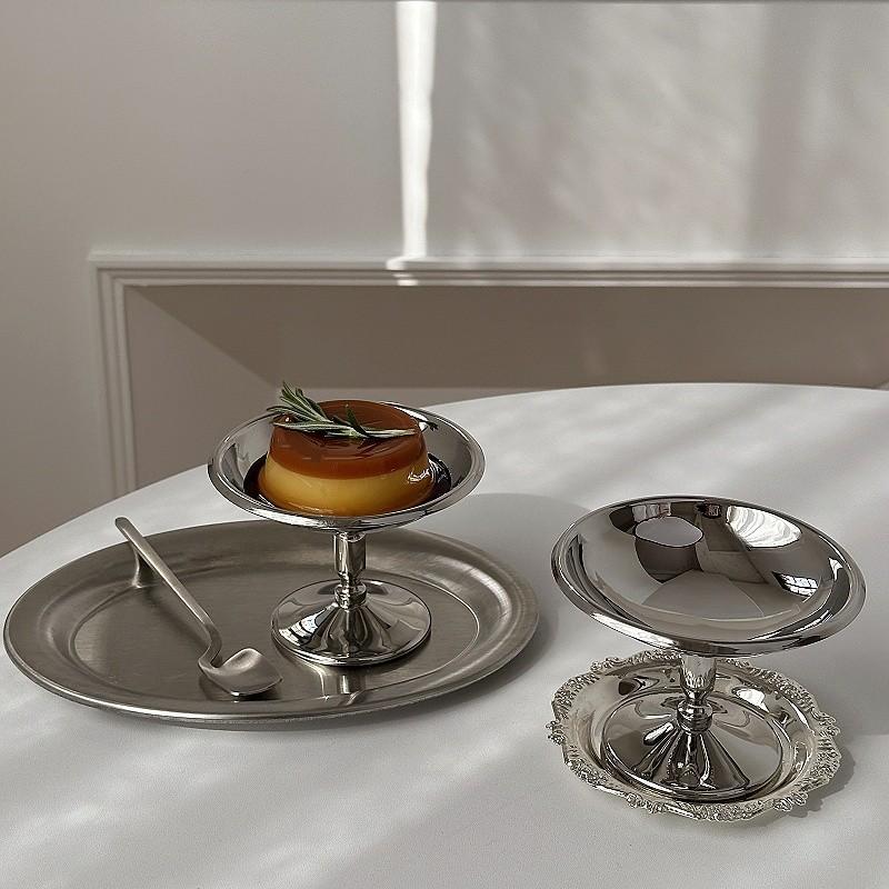Retro Stemmed Dessert Cup Stainless Steel Dessert Plate Cake Tray Ice Cream Pudding and Milk Jelly Bowl Tall Cup Cute Plates