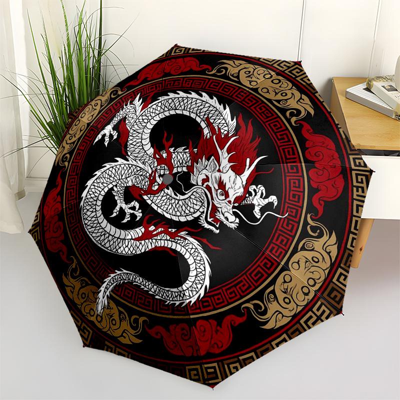 Chinese Dragon Circular Art Print - Traditional Design Wall DecorUmbrella, Portable 3-Fold Compact Umbrella,Christmas Gift ES374