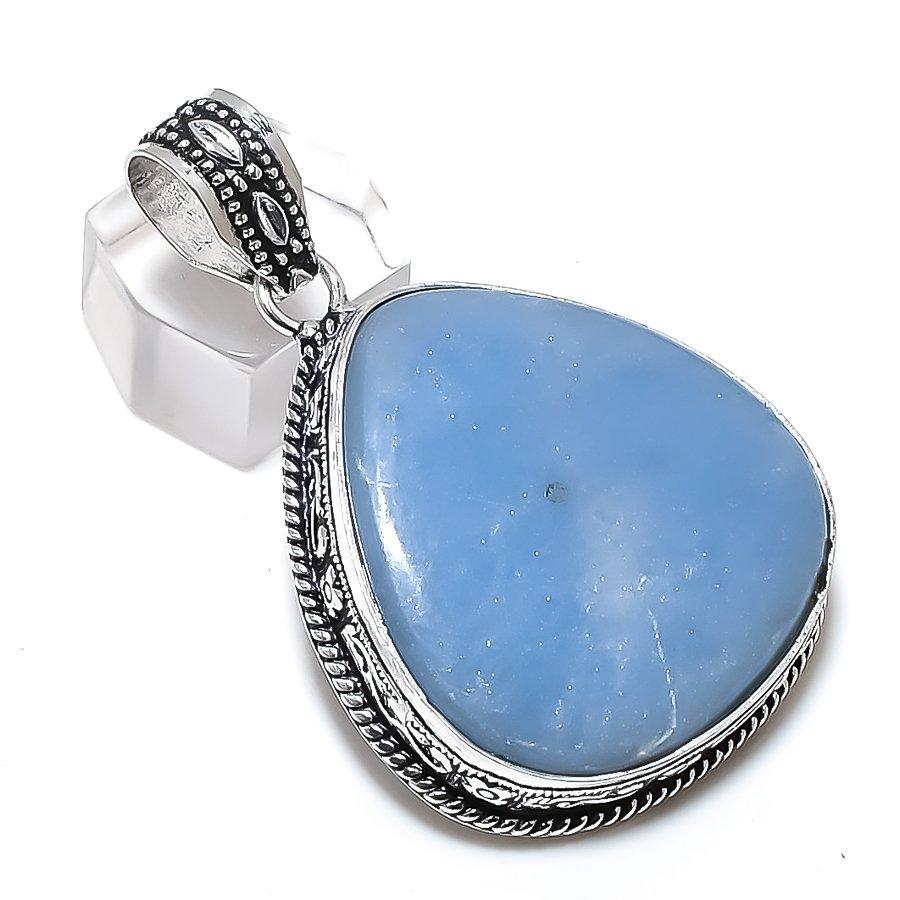 Natural Angelite Stone Gemstone 925 Steling Silver Jewelry Pendant 2.17" P2f17