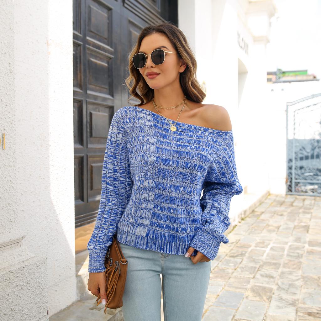 QICED Women's Fashion Casual Solid Color Print Autumn Winter Long Sleeve One Shoulder Loose Sweaters