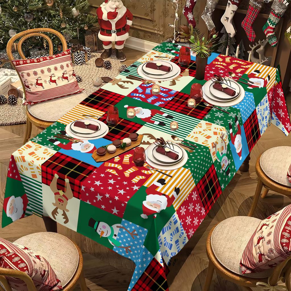 1pc Christmas Tablecloth, Christmas Plaid, Elk, Santa Claus Theme Design Tablecloth, Christmas Element Pattern Print Tablecloth, Family Kitchen Table
