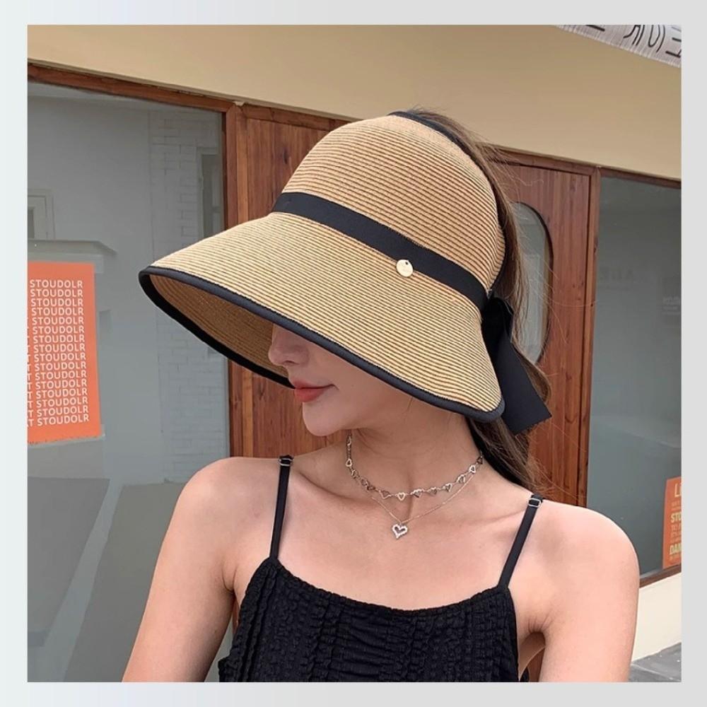 Large Brim Summer Straw Hat Bowknot Design Wide Brim Hat Elegant Empty Top Sun Hat for Women