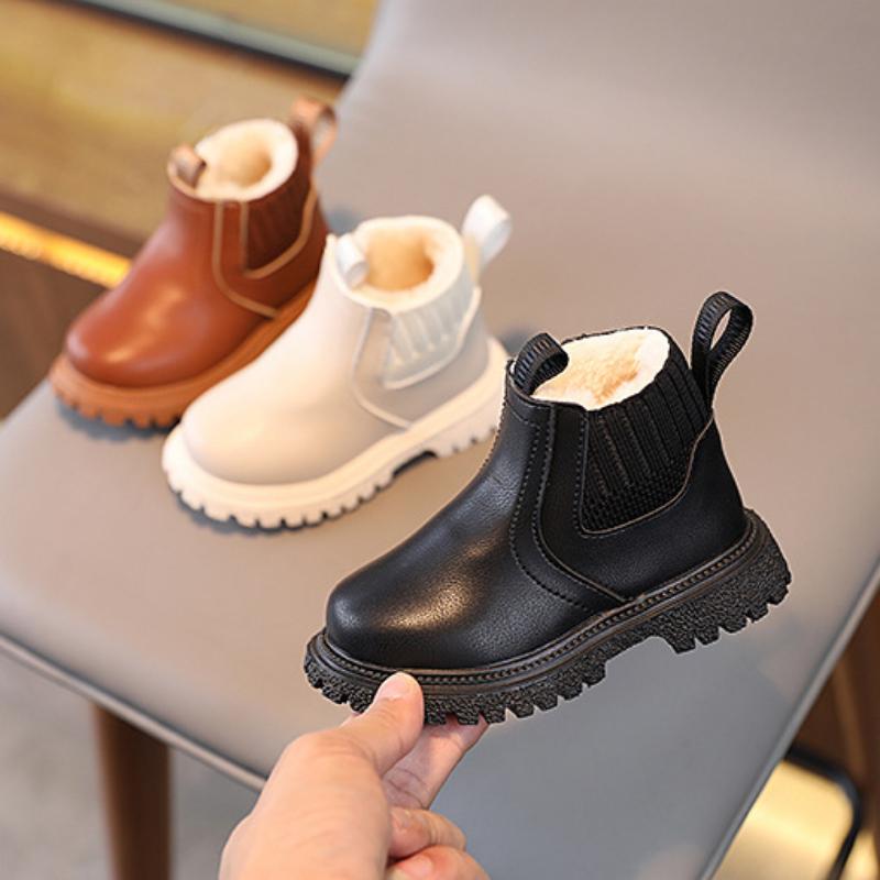 Bottes courtes chaudes en coton épais et velours pour enfants, automne et hiver, style britannique, pour garçons et filles