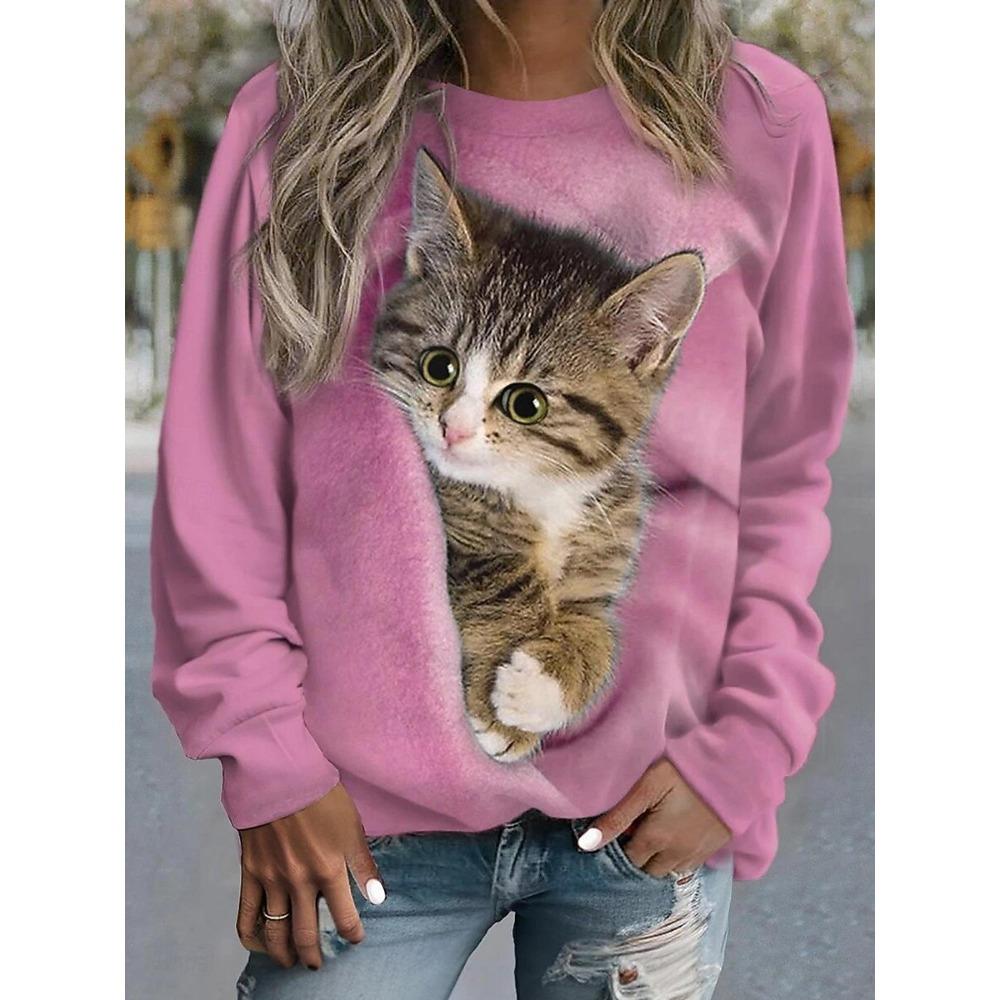 Women's Animal Cat Graphic Sweatshirts 3D Prints O-Neck Long Sleeve Tops Women's Apparel Streetwears Fall Pullover