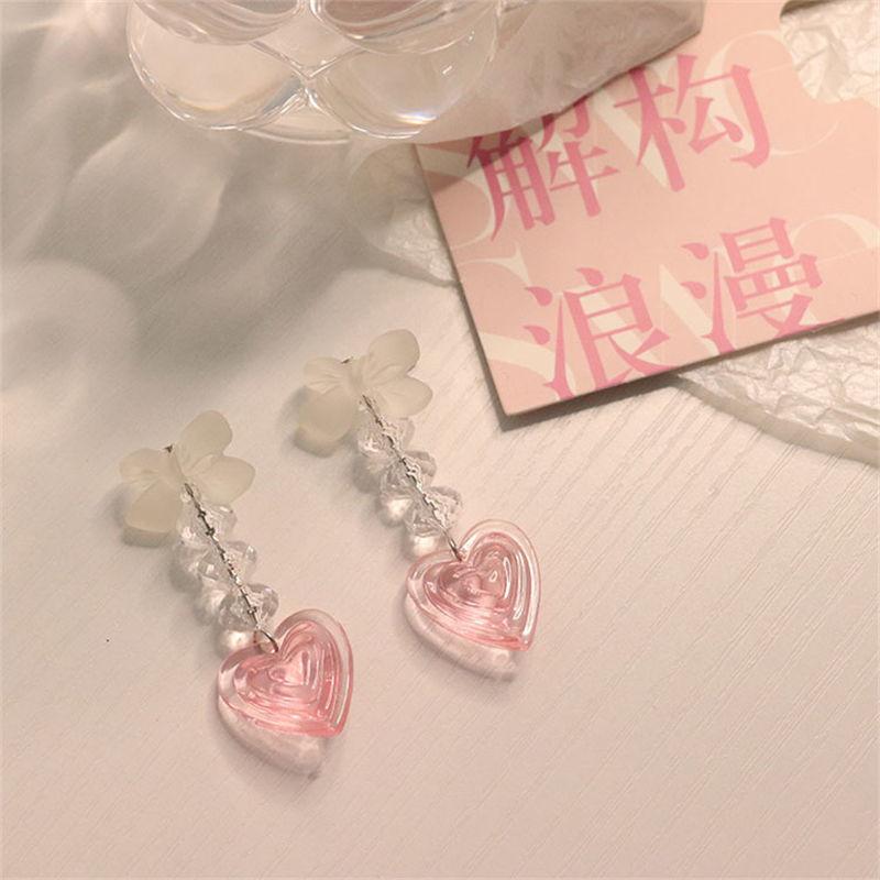 Pink Heart Stylish Earrings Fashionable Long Alloy Plated Geometric Drop Jewelry For Women
