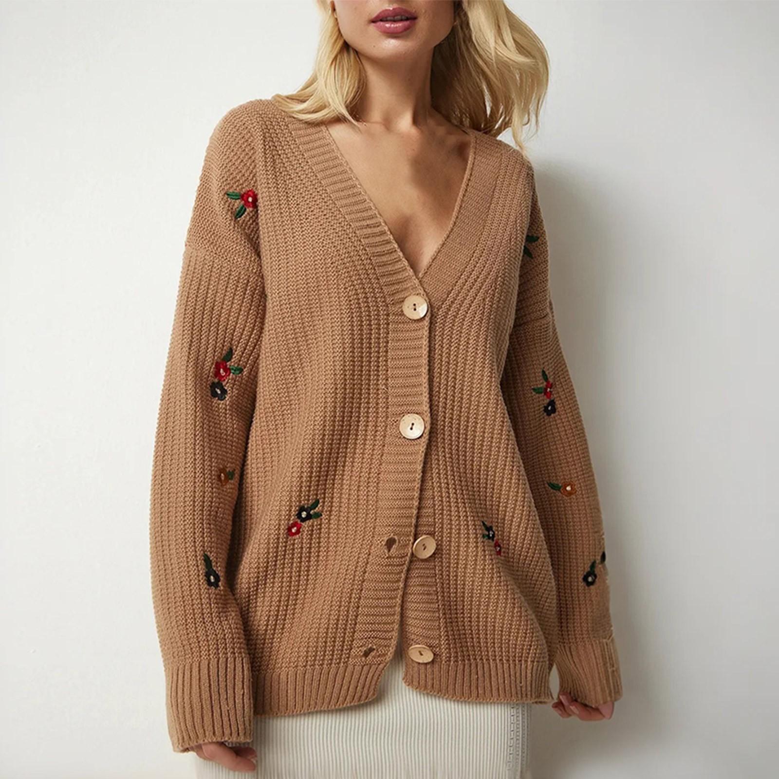 

Женские кардиганы с цветочной вышивкой, легкие трикотажные кардиганы с V-образным вырезом и пуговицами спереди XL хаки