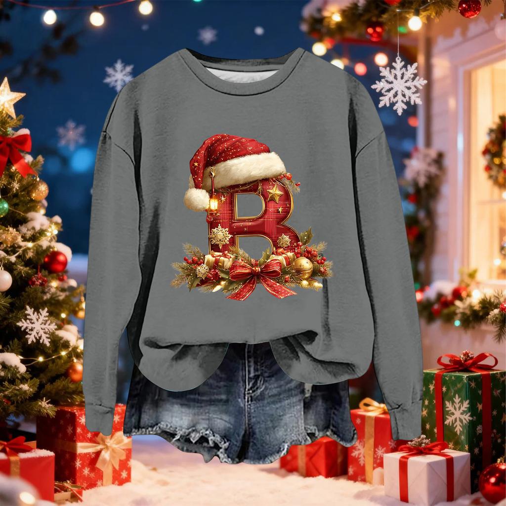 Women's Fashionable Casual Long-Sleeved Christmas Letter Print Crew-Neck Sweatshirt