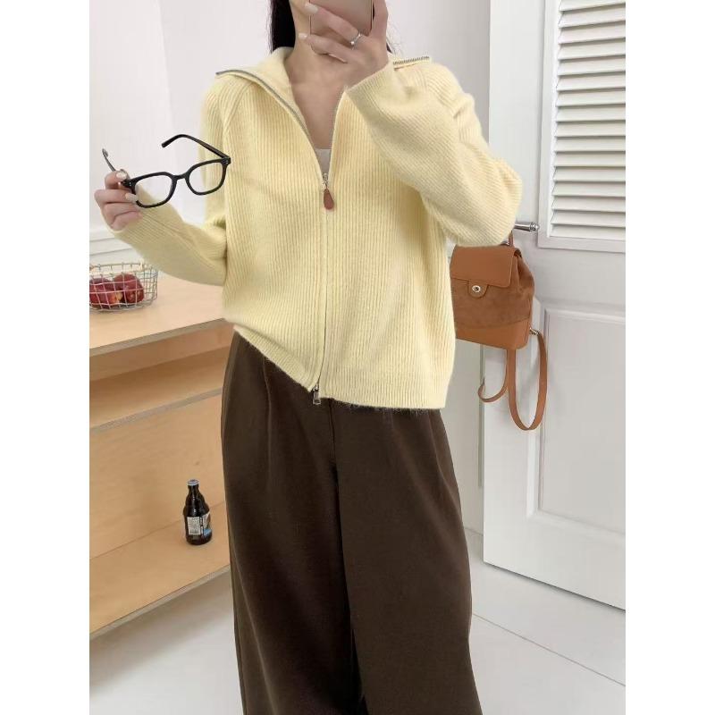 Premium lapel solid color knitted cardigan for women's autumn and winter new casual double zipper sweater jacket for women