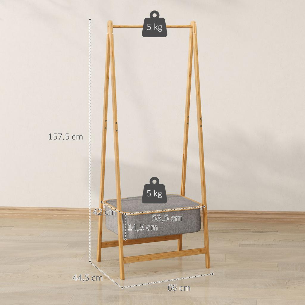 Folding Bamboo Clothes Rack with Fabric Basket with Lid for Hallway Entrance Bedroom 60x44.5x157.5 cm Grey