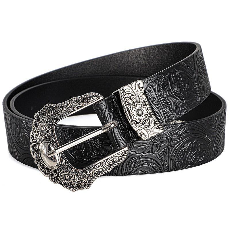 New European and American Style Women's Belt, Vintage Rhinestone Carved Buckle Belt, Trendy Printed Jeans Belt, Unisex