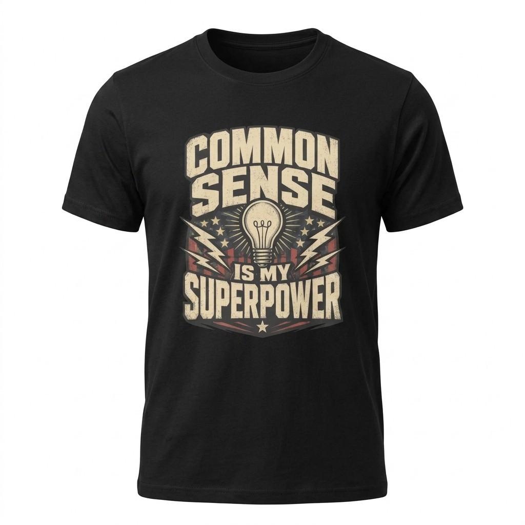 Common Sense Is My Superpower Patriotic Conservative Black T-Shirt
