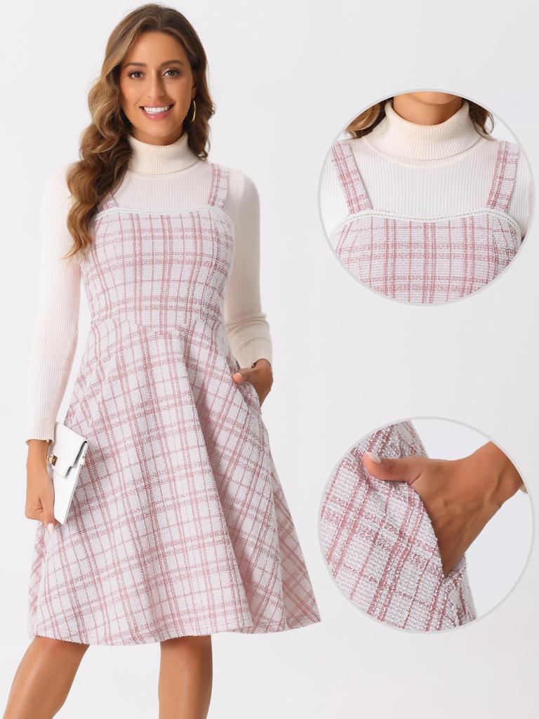 Allegra K Women's Tweed Dress, Sleeveless, Square Neck, Check Pattern, A-Line, Pinafore, Overall Dress, Pink, Size L