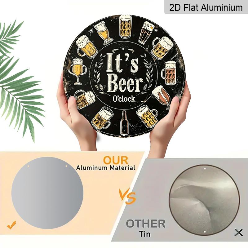 2D Flat, 1pc Round Aluminum "It's Beer O'clock" Sign, Vintage Retro Beer Glass Clock Wall Decor, Lightweight Hanging Signs - Waterproof & Durable