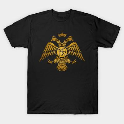 Men Black Print T-shirt Byzantine Empire Constantinople Double Headed Eagle No-Cut Transfer Paper Print Cotton Tshirt
