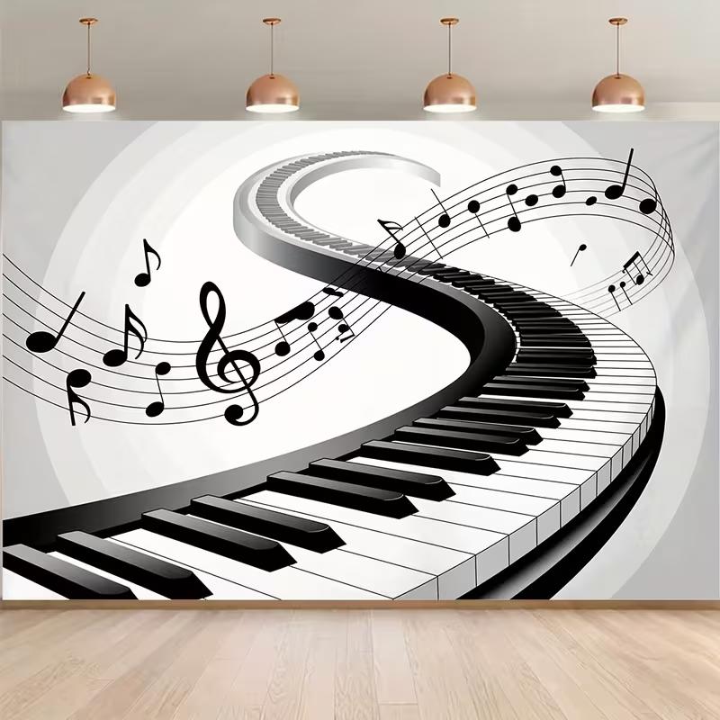 Elegant Piano & Music Notes Backdrop Black White Keyboard Concert Background