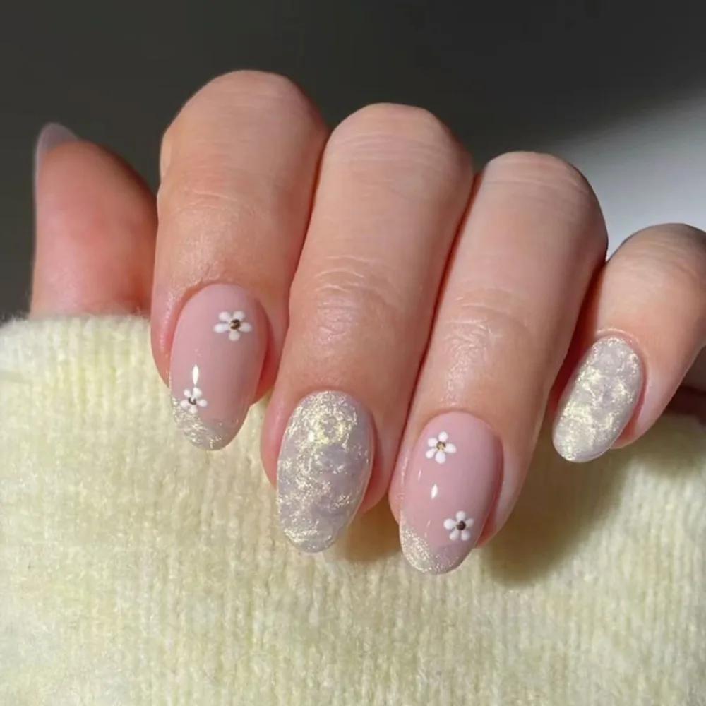 24Pcs Sweet Pink Almond Fake Nails Stiletto Pink Bowknot French Cute Pearl Bows Fake Nails Girls Women Wearable Manicure
