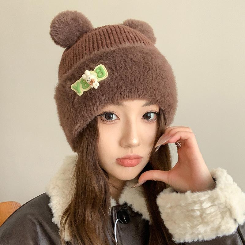 Cute plush bear hat women's autumn and winter warm versatile pullover cold hat fashionable thickened knitted ear protector wool hat
