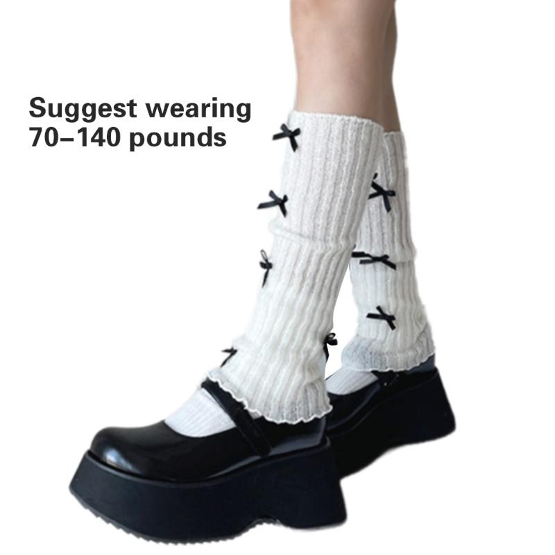 Women Girls Ribbed Knit Solid Color Leg Warmer Aesthetic Elegant Sweet Bowknot Footless Long Socks Ruffled Leg Covers