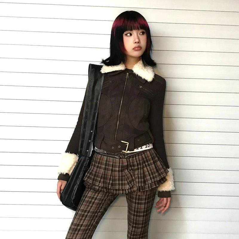 Y2k Fur Coat Women Vintage Harajuku Knitted Jacket Grunge Aesthetics Fur Collar Zipper Coat
