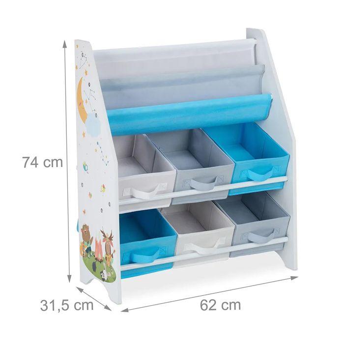 GINGER HOME – Organiseur enfant 3 porte-livres + 6 bacs, meuble de rangement jouets, bois & tissu, motif Forêt, 62,3×26,5×74 cm