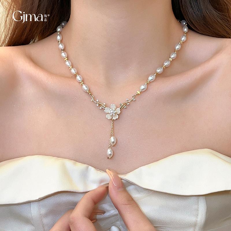 Real gold zircon flower fringed pearl necklace temperament collarbone chain French necklace wholesale