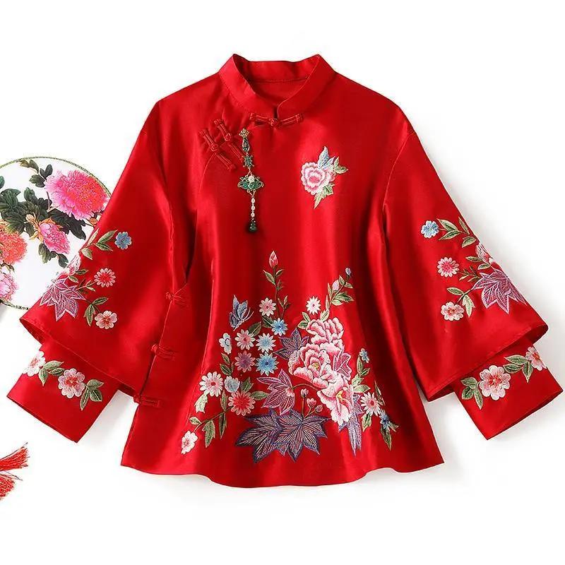 Damen Locker Elegant Herbst Ethno Stil Tang Anzug Stickerei Vintage Chinesische Oberteile