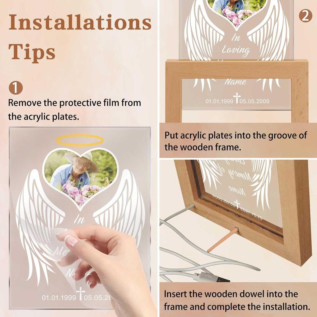 Custom Memorial Night Light with Picture Frames Personalized Acrylic Plaque Sympathy Bereavement Gift with Photo Name Date for Loss of Love(S-Heart