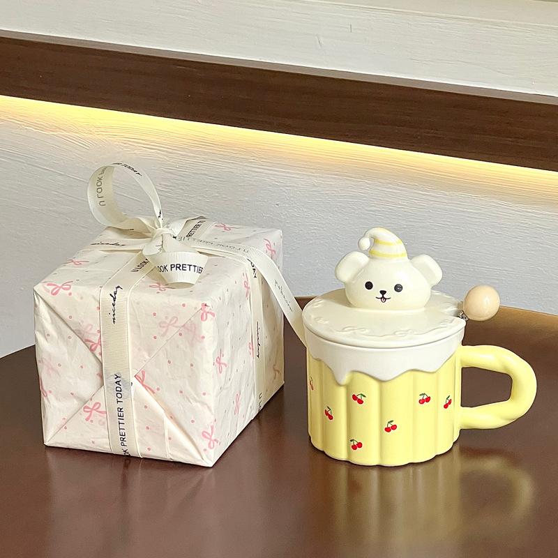 Cute girl high value bear mug office ceramic mug with lid birthday gift home couple cup
