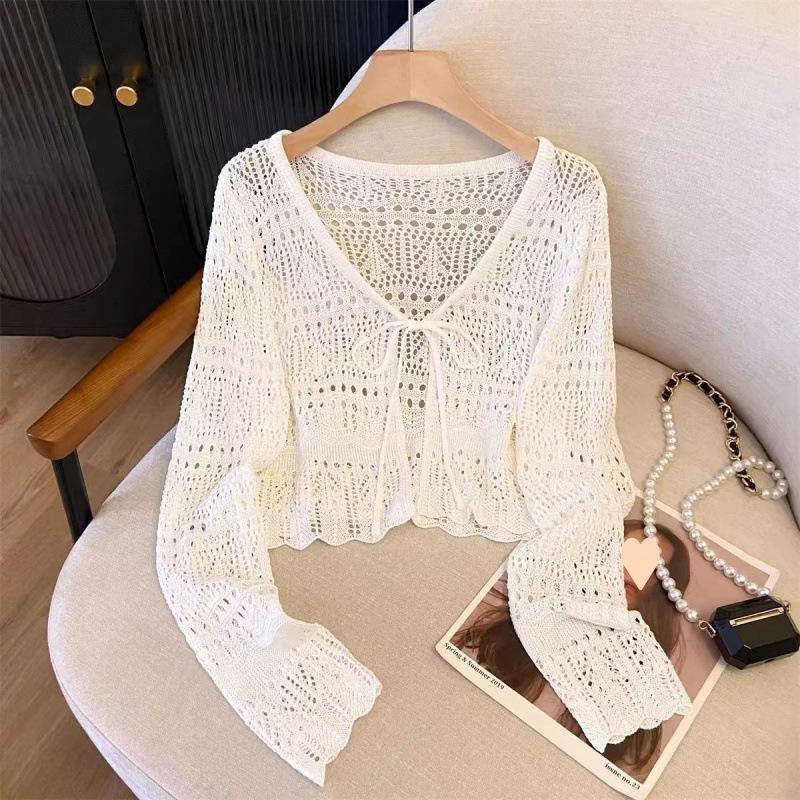 Fresh and Thin Lace-up Short Blouse Top Women's French Design Hollow Crochet Knitted Sweater