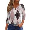 Women's Fashion Casual Printed V-Neck Seven Sleeve Button Down T-Shirt Top