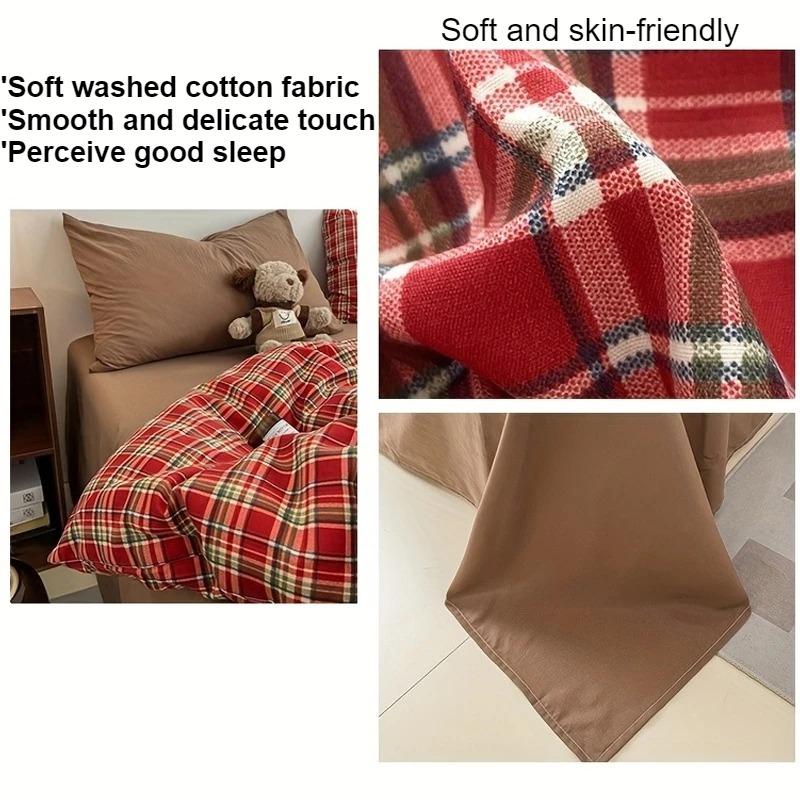 Christmas Style 3/4pcs Simple Plaid Bedding Set Skin-friendly Breathable Quilt Cover Machine Washable Home Bedroom Guest Room