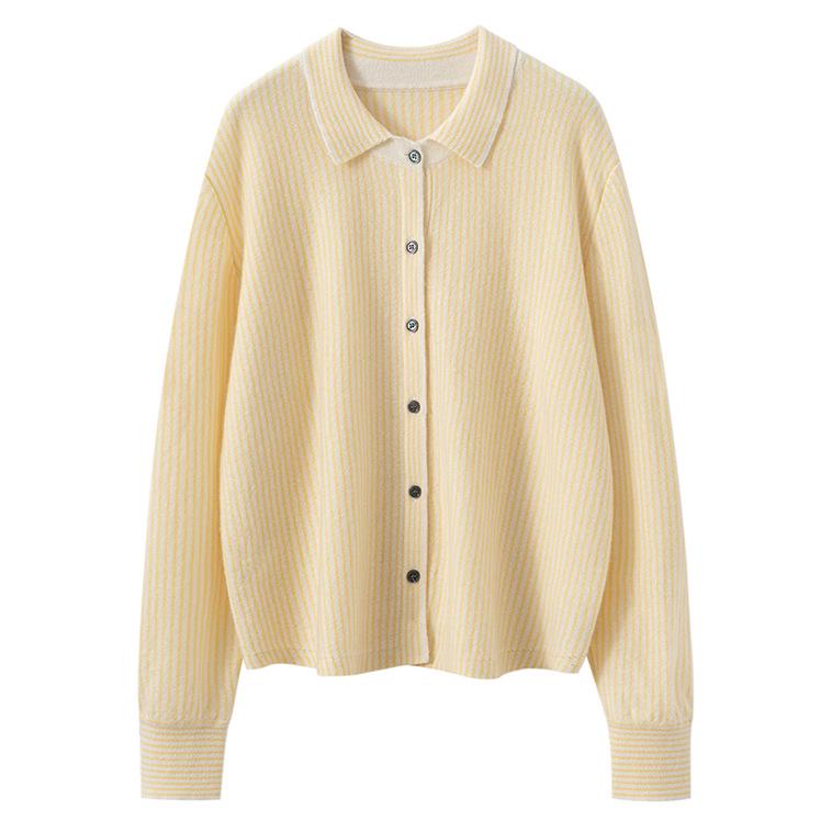 Women's Pure Cashmere Stripe Knit Polo Collar Cardigan Sweater - Autumn/Winter Long Sleeve