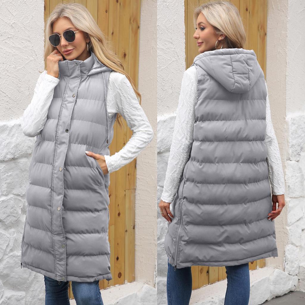 Women’s Coats Hooded Sleeves Long Style Solid Color Vest Quilted Jacket Autumn Winter Thick Warm Outer Wear