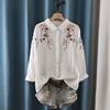 Sweet Floral Embroidery Long Sleeve Shirt Peter Pan Collar Soft Double Layers Cotton Yarn Blouse