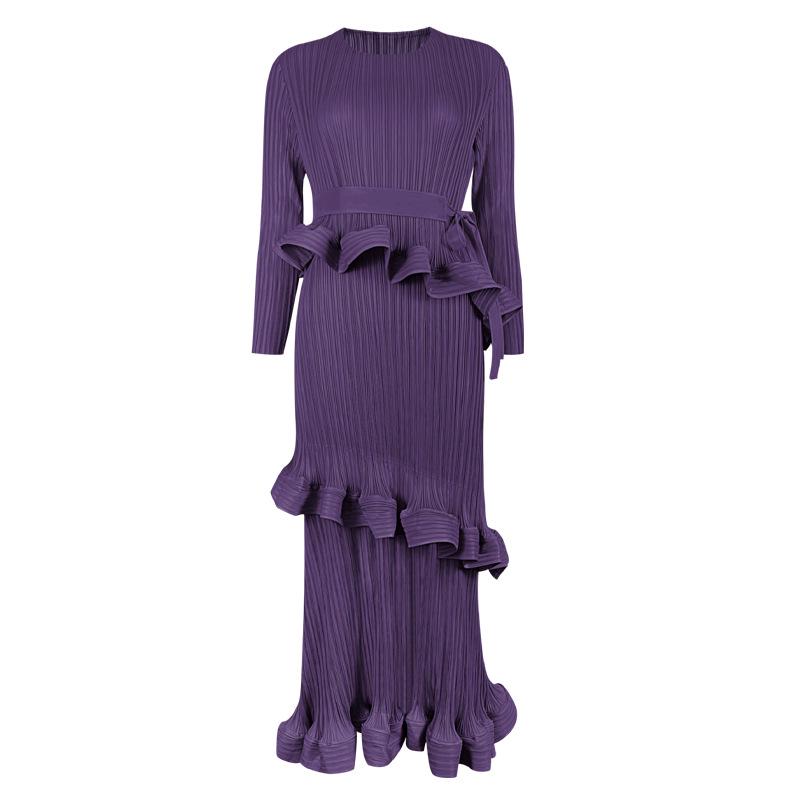 Women's 2025 Spring Miyake Ruffled Long-Sleeve Lace-Up Dress, Medium-Length, Slim Fit, Pleated Bottom Skirt.