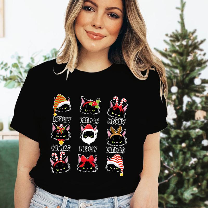 Merry Christmas Cat Classic Tshirt Santa Cat Lover Gift for Christmas Crew Neck Womens Clothing Festive Short Sleeve Tshirts